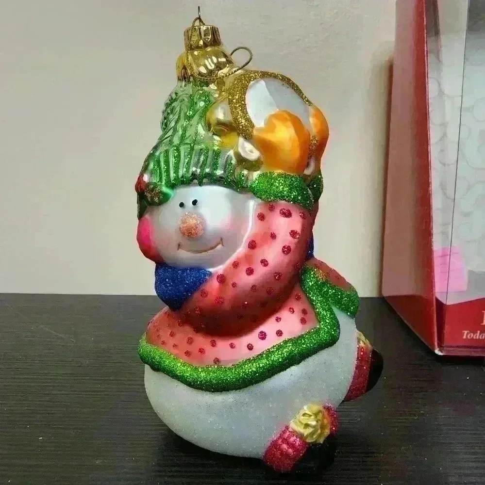 FITZ & FLOYD Glass Christmas Ornament Holiday Snowman Tambourine Snow w/ Box